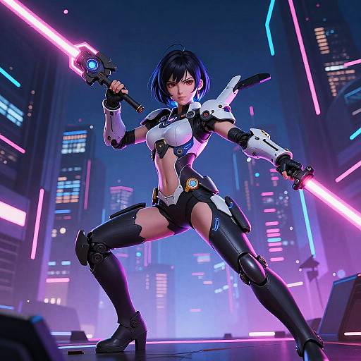 Digital art of a cyberpunk female warrior with black hair, white and black armor, holding neon-lit weapons, in a futuristic cityscape.
