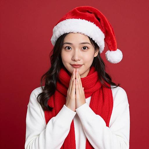 Photograph of an Asian woman with long black hair, wearing a Santa hat, red scarf, white sweater, and hands in prayer pose, against a