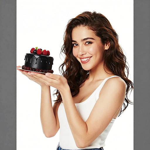 Photograph of a smiling young woman with long brown hair, wearing a white tank top, holding a chocolate cake with berries.