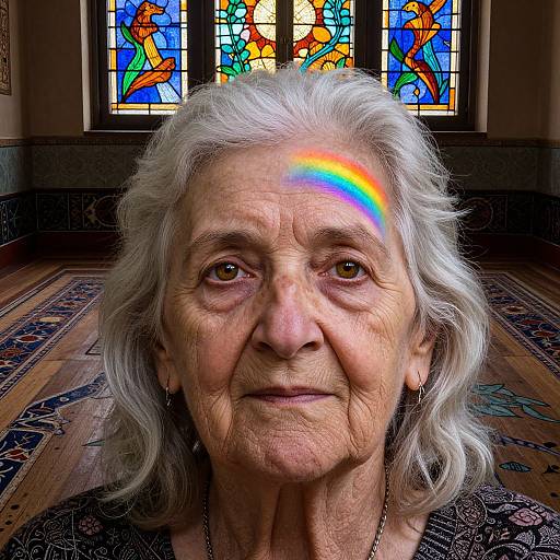 Photograph of an elderly woman with white hair, radiant rainbow reflection on her forehead, standing in front of colorful stained glass windows, wooden floor, and