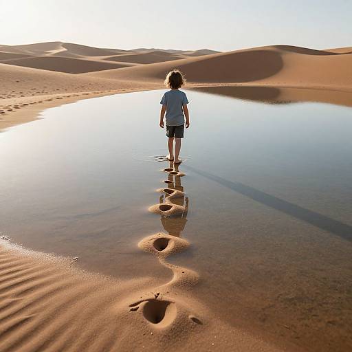 Photograph of a young child with curly hair, wearing a white shirt and black shorts, walking barefoot through a reflective desert oasis, leaving footprints