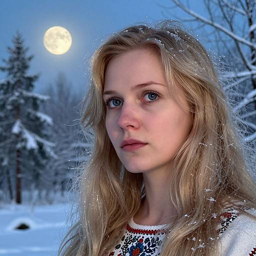 Photograph of a blonde, fair-skinned young woman with blue eyes, wearing a white, patterned sweater, standing in a snowy forest at night