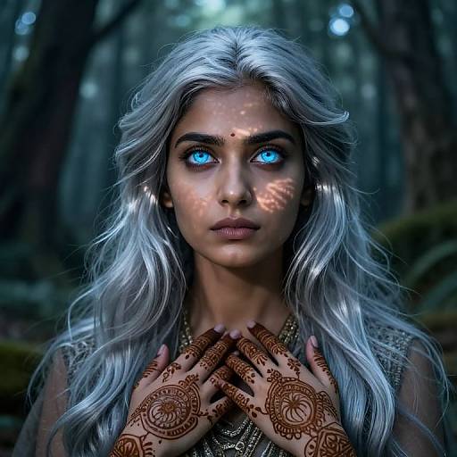 Fantastical digital portrait of a woman with glowing blue eyes, silver hair, intricate henna hands, and forest background; ethereal, mystical vibe