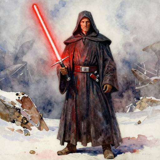 Digital painting of a hooded Jedi in dark robes, holding a glowing red lightsaber, standing on snowy terrain with destroyed starships in the misty