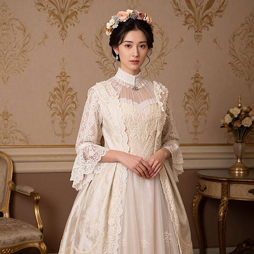 Photograph of an elegant Asian woman in a white lace wedding dress with floral headpiece, standing in a vintage, ornate room.