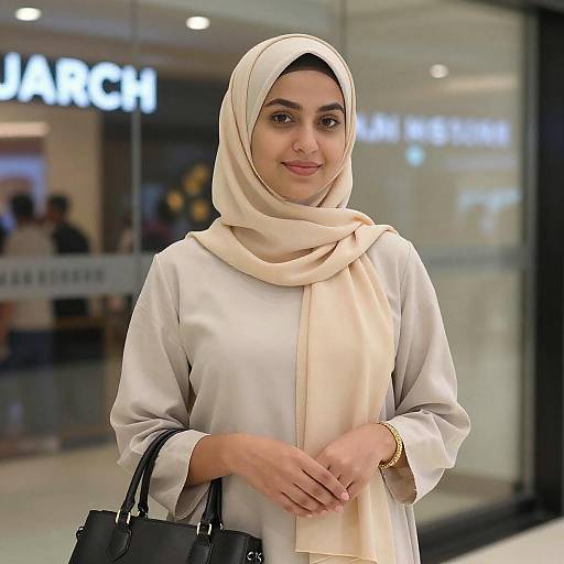 Photograph of a smiling young woman with light brown skin, wearing a beige hijab and matching scarf, white long-sleeve top, black bag