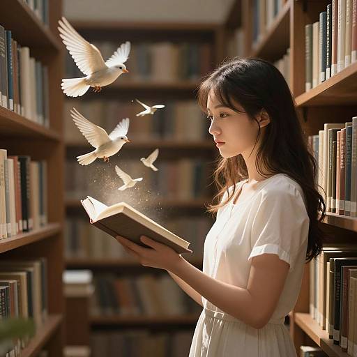 Photograph: Asian woman with long black hair in white dress, reading book in sunlit library, surrounded by floating white doves.