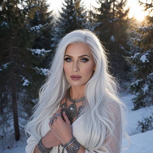 Photograph of a pale-skinned woman with long, platinum-blonde hair, wearing intricate silver jewelry, standing in a snowy forest at sunset.