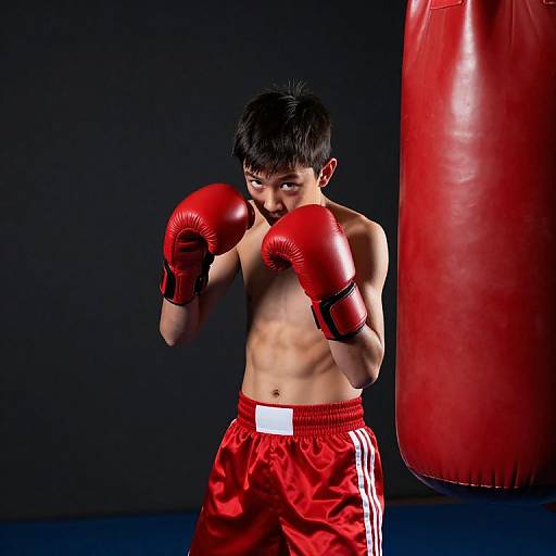 Photograph of a young Asian male boxer with short black hair, wearing red boxing gloves and red shorts, standing in front of a red punching bag in