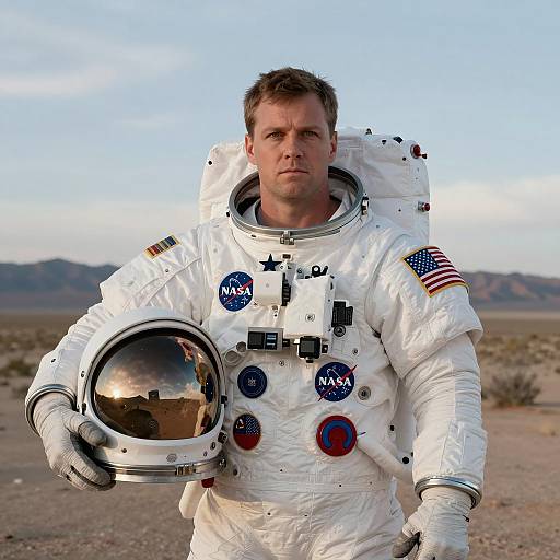 Male Astronaut in NASA Spacesuit Holding Helmet in Desert