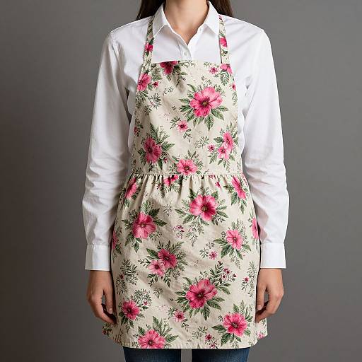 Photograph of a woman wearing a white long-sleeve shirt and a cream floral apron with pink and green flowers, set against a gray background