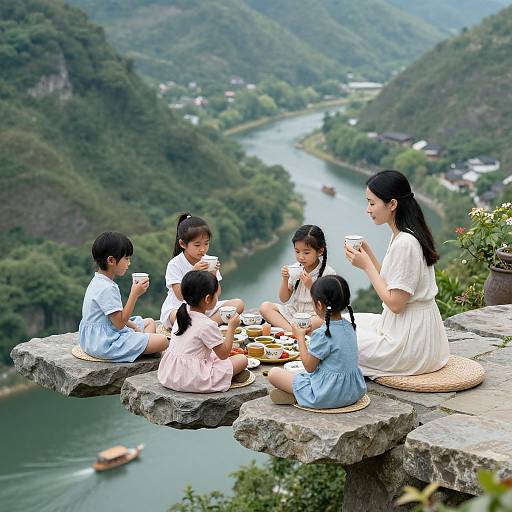 Photograph of five Asian children and an adult woman in white, sitting on a stone ledge, drinking tea and eating snacks, overlooking a lush, mountain