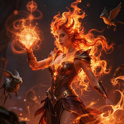 Digital art of a fiery, armored, red-haired sorceress conjuring a blazing orb, surrounded by burning birds in a dark, magical setting.