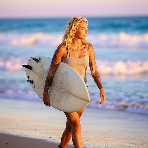 Tattooed Blonde Surfer at Golden Hour