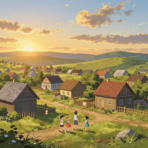 Digital anime-style drawing of a sunny countryside village at sunset, featuring four children standing on a dirt path, surrounded by colorful wooden houses and lush green hills