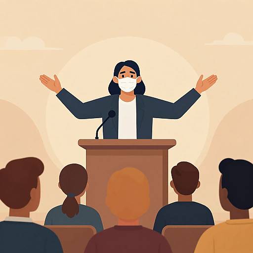 Digital illustration of a woman with dark hair, wearing a white mask, navy blazer, and white shirt, speaking at a wooden podium, with five