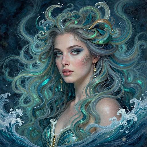 Digital fantasy portrait of a beautiful, ethereal woman with flowing, turquoise and silver hair, sea-themed jewelry, and mystical waves surrounding her.