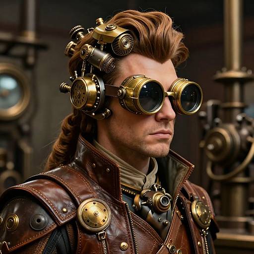 Photorealistic CGI of a steampunk man with brown hair, goggles, and leather armor, set against a dark, industrial background.