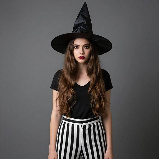 Photograph of a young woman with long brown hair, wearing a black witch hat, black top, and white-striped high-waisted pants, against