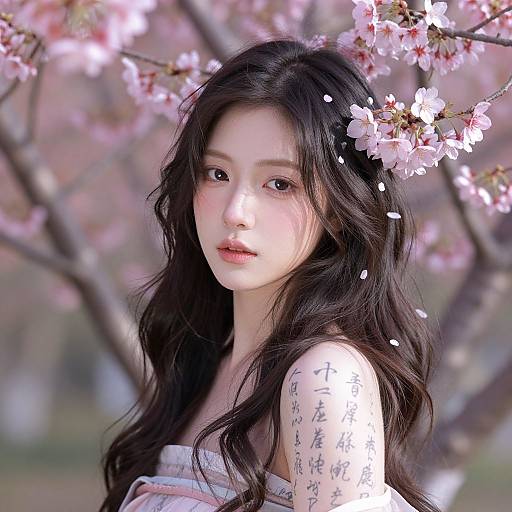 Digital art of an East Asian woman with long black hair, cherry blossom petals, and a tattooed arm, standing amidst blooming pink cherry blossoms