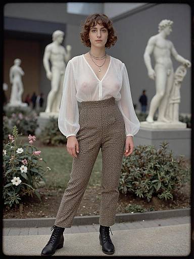 Photograph of a young woman with short curly brown hair, wearing a sheer white blouse, brown plaid high-waist pants, and black boots