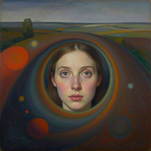 Digital surreal painting of a pale-skinned woman with blue eyes, framed by a large, colorful circular vortex, set against a dark, abstract landscape with