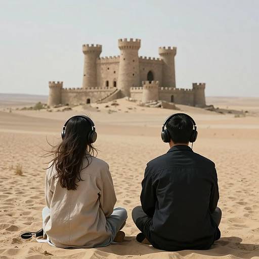 Photograph of two people with headphones, sitting in a desert, facing a medieval-style stone castle in the distance. Both wear casual clothing, with sandy