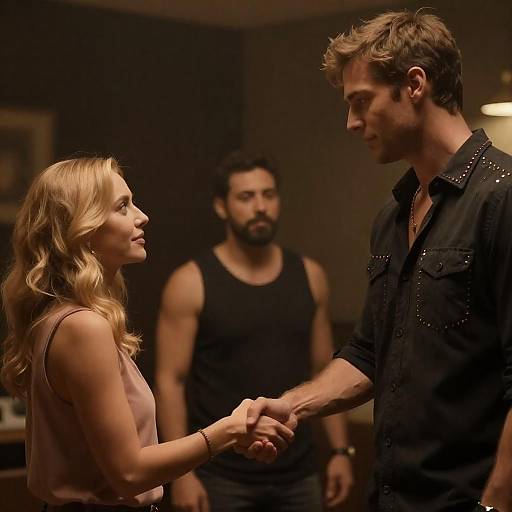 Handshake in Dimly Lit Room