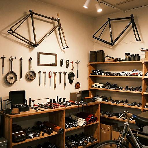 Photograph of a well-organized workshop with mounted bicycle frames, tool rack, wooden shelves, bike parts, and assorted tools under bright lighting.