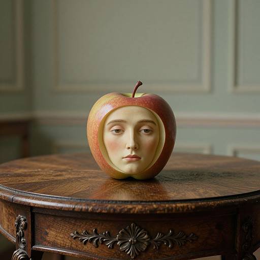Photograph of a realistic, face-carved apple with a serene expression, placed on an ornate wooden table against a pastel green wall.