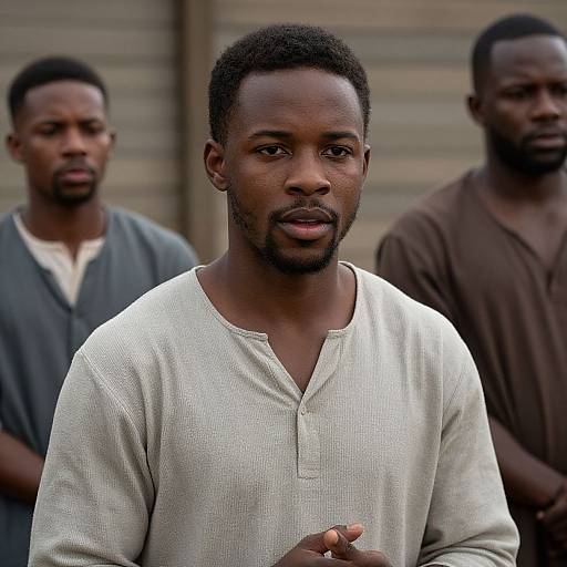 Photograph of three African-American men with short hair, wearing casual shirts; central man in white henley, serious expression, background blurred.