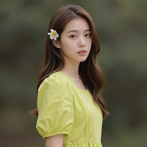 Young Asian woman with long brown hair, yellow dress, and white flower in hair, standing against blurred green background. Photograph.