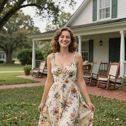 Photograph of a smiling young woman with wavy brown hair, wearing a floral sundress, standing in front of a white, two-story house with