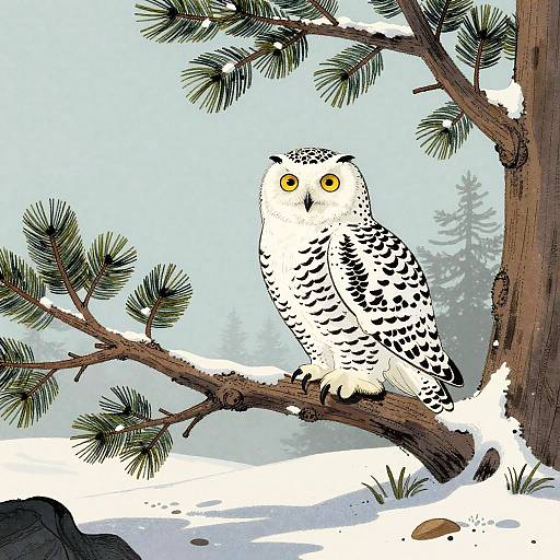 Calm Snowy Owl on Pine Branch