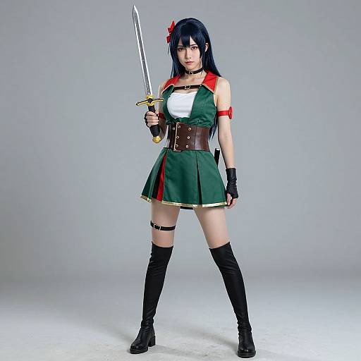 Digital cosplay photograph of an Asian woman with long black hair, red flower, green and red outfit, brown belt, black boots, holding a sword,