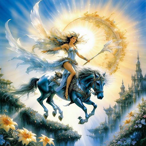 Whimsical Fairy Riding a Majestic Beast Whimsical Fairy Riding a Majestic Beast