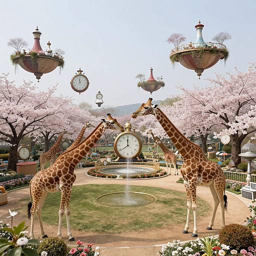 Photorealistic digital artwork of two giraffes standing in a cherry blossom-filled park with floating clock platforms, central fountain, and colorful flowers.