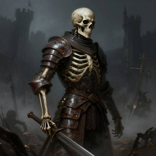 Digital artwork of a skeletal warrior in dark, rusted armor holding a sword, standing amid a foggy, medieval battlefield.