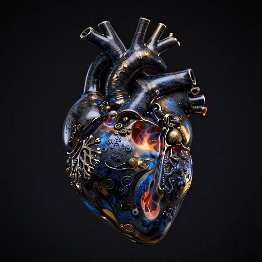 Digital artwork of a metallic, intricately detailed, colorful human heart with gears, tubes, and glowing elements against a dark background.