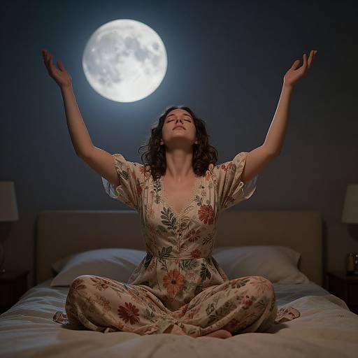 Woman Meditating on Bed Under Full Moon