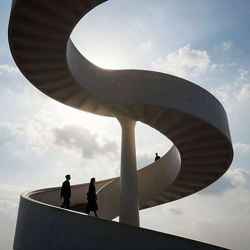 Photograph of silhouetted figures on a spiraling concrete ramp, backlit by bright sunlight and a partly cloudy sky.