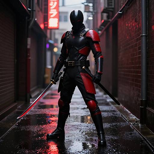 Neon-Lit Street Samurai in Rain