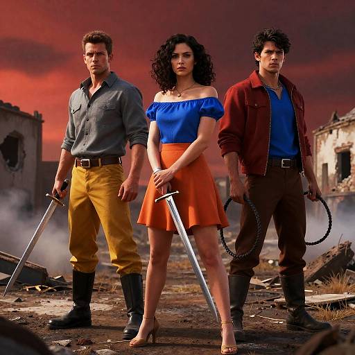 Trio in War-Torn Landscape with Weapons