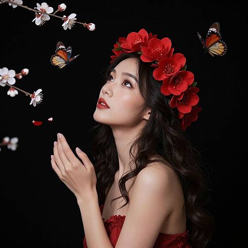 Photograph of a fair-skinned woman with long, wavy dark hair, wearing a red floral crown and red dress, gazing at butterflies and