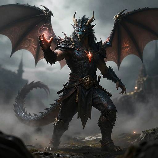 Dark, muscular dragon warrior with glowing red eyes, large bat wings, and spiked armor casts a spell, standing on rocky terrain under a stormy sky