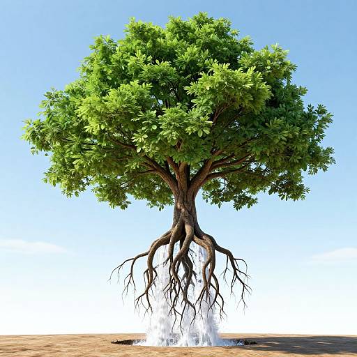 Digital CGI image of a large, green-leaved tree with visible roots, floating above the ground against a clear blue sky.