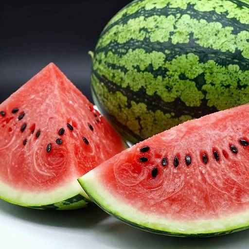 Photograph of vibrant watermelon slices with black seeds, bright red interior, and green rind, next to a whole watermelon. Dark background highlights