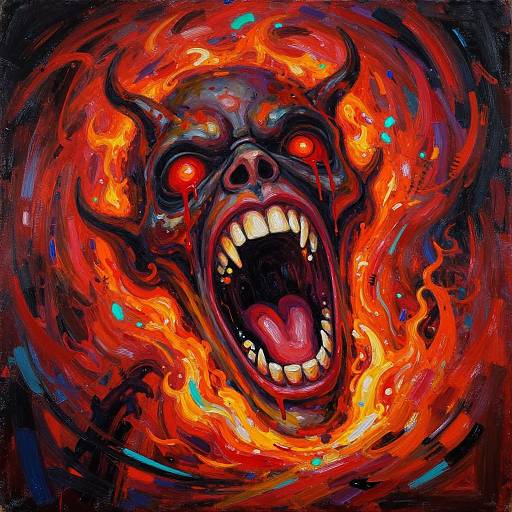 Vivid digital painting of a monstrous, fiery face with glowing red eyes, sharp teeth, and an open mouth, surrounded by intense orange and red flames