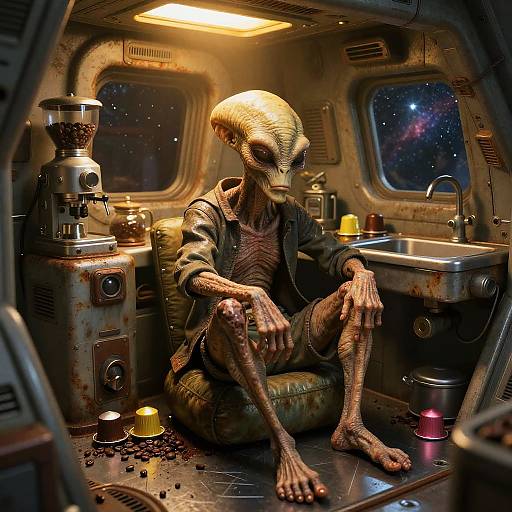 Grumpy Alien in Cramped Spaceship Kitchen
