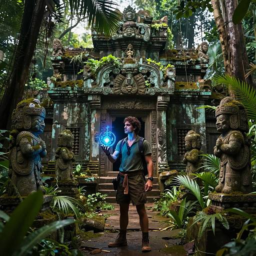 Photograph of a man with curly hair, wearing a gray shirt and shorts, standing in a mossy, jungle temple, holding a glowing blue orb
